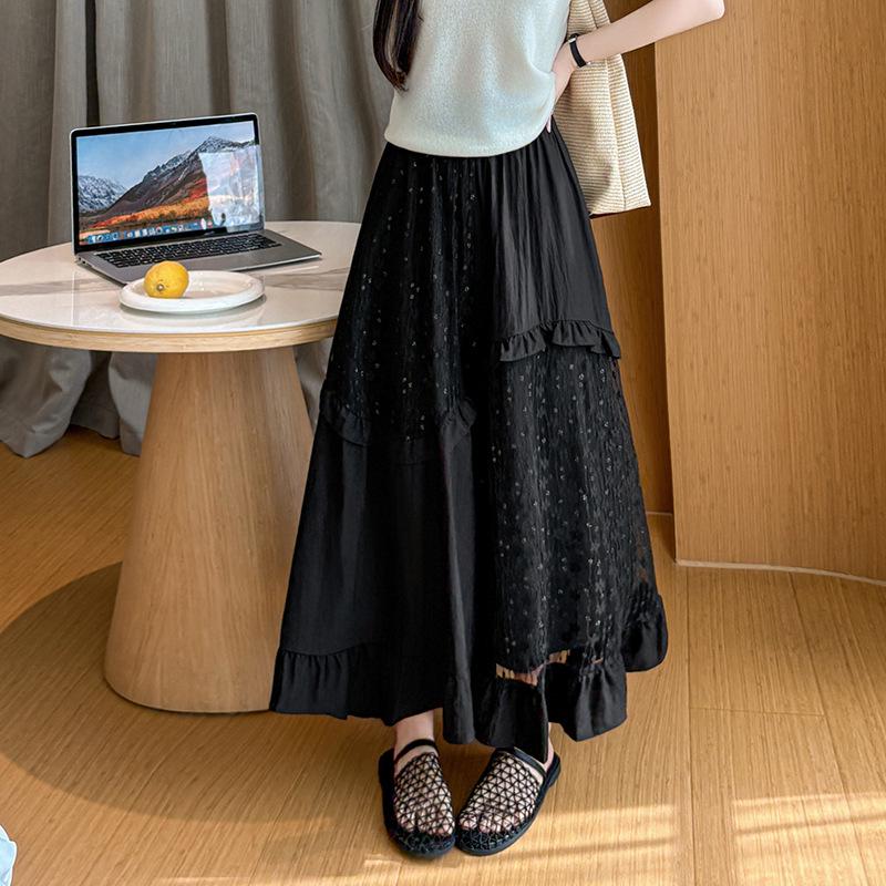 Women's White Lace Ruffled Midi A-line Cake Skirt - 2026 Spring/Summer