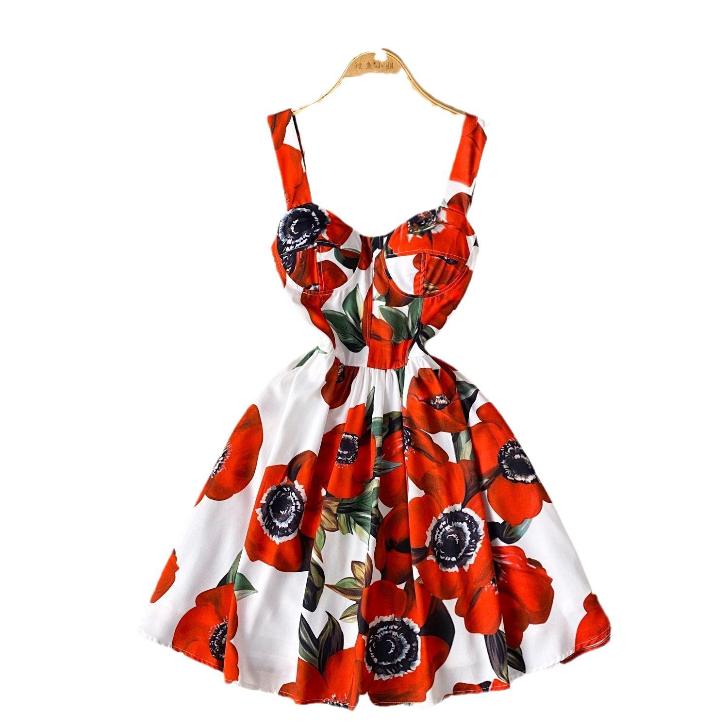 

Женские летние винтажные элегантные платья с бретельками для похудения с принтом M красный