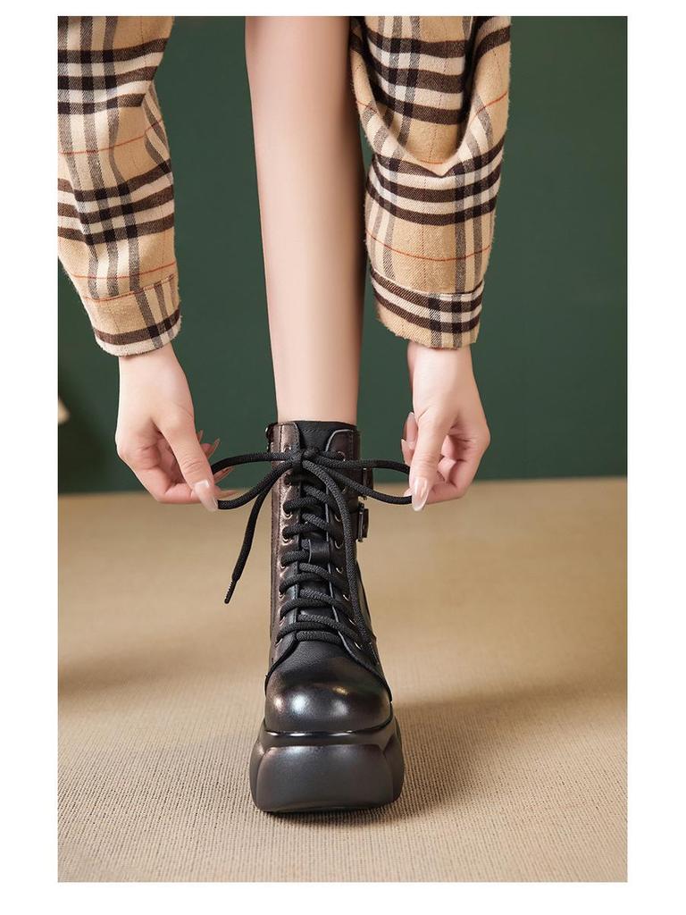 Women's Thick Sole Soft Cowhide Martin Boots with Inside Heel - 2025 Autumn/Winter Fashion Versatile Short Boots