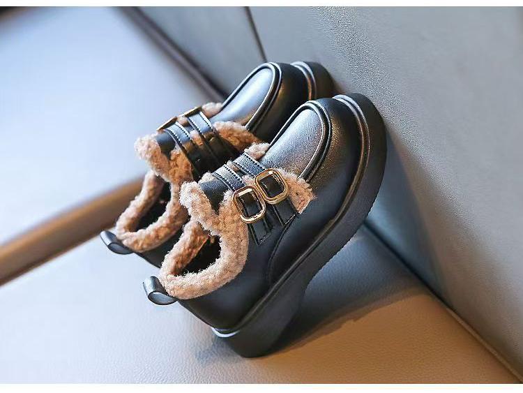 Girls' Cotton Fleece Princess Shoes - 2025 Autumn/Winter British Style, Warm & Thickened Soft Sole Leather Shoes