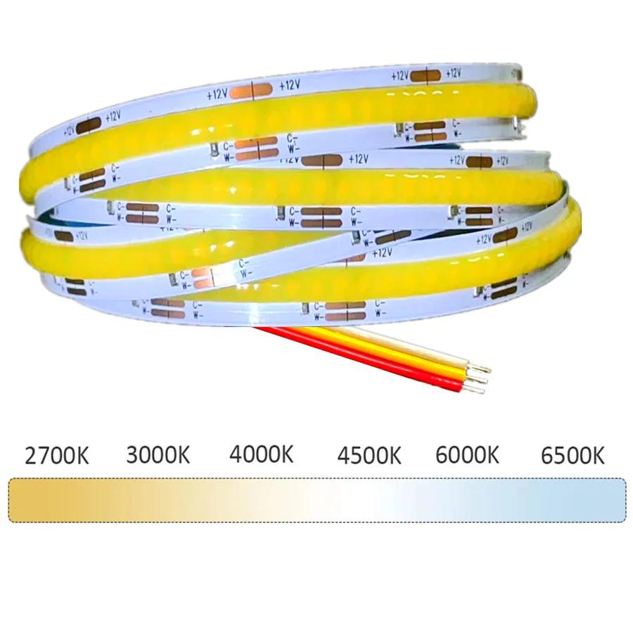 

608 светодиодов/м FCOB CCT светодиодная лента DC12/24V высокой плотности гибкая FOB COB 10 мм светодиодные лампы RA90 2700K до 6000K линейная регулировка яркости 608 LEDs-DC24V&0.5m