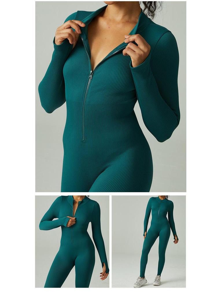 Women's High-Intensity Zipper Long Sleeve Ribbed Yoga Bodysuit