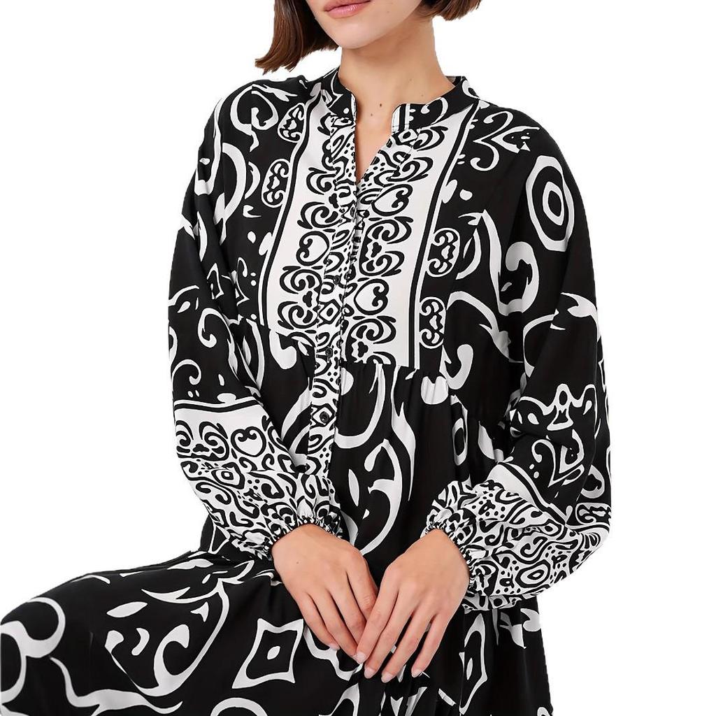 Elegant Long Sleeve V-Neck Arabic Black Dress with Islamic Print