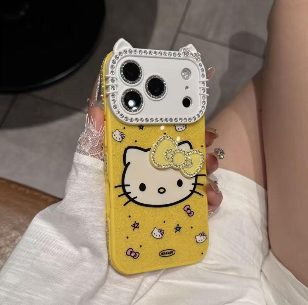 Cartoon Flash Diamond Bow Cat for iPhone17Pro Mobile Phone Case Apple 16promax Cute 15 New