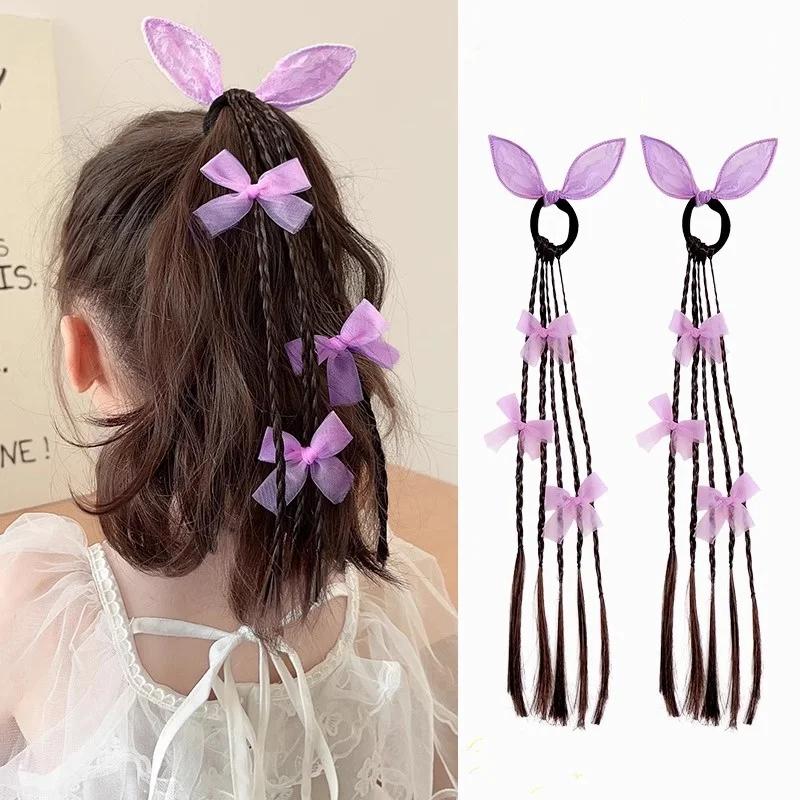Sweet Wig Pigtail for Kids Girl Chic Butterfly Bow Rabbit Ear Children Wig Braid Hair Band Hair Accessories Headwear Ornament