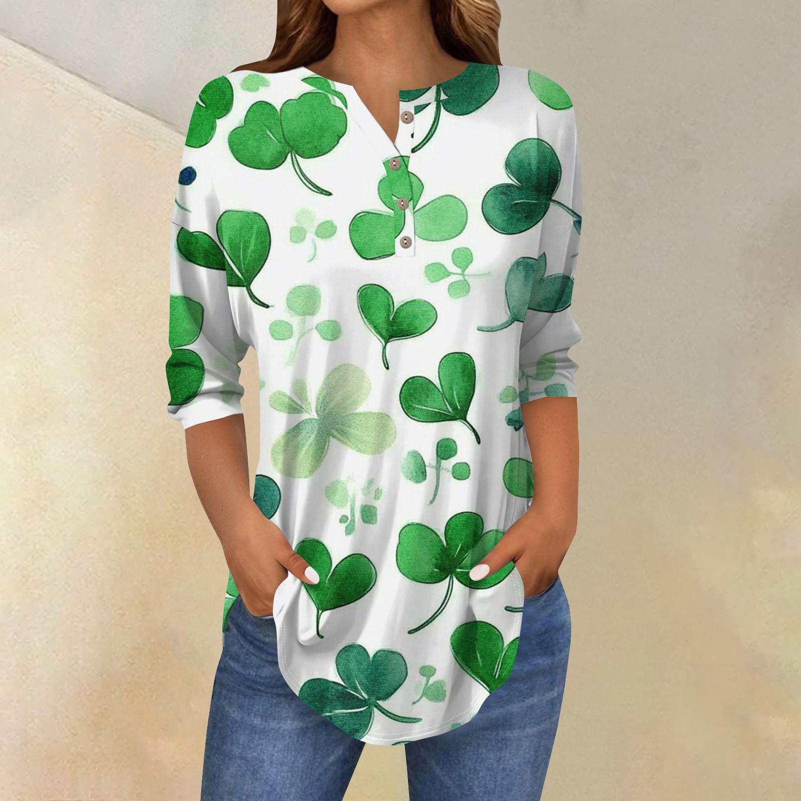 

Women s Loose Button Collar Semana Print Three-quarter Sleeve T-shirt Shirt XXXL