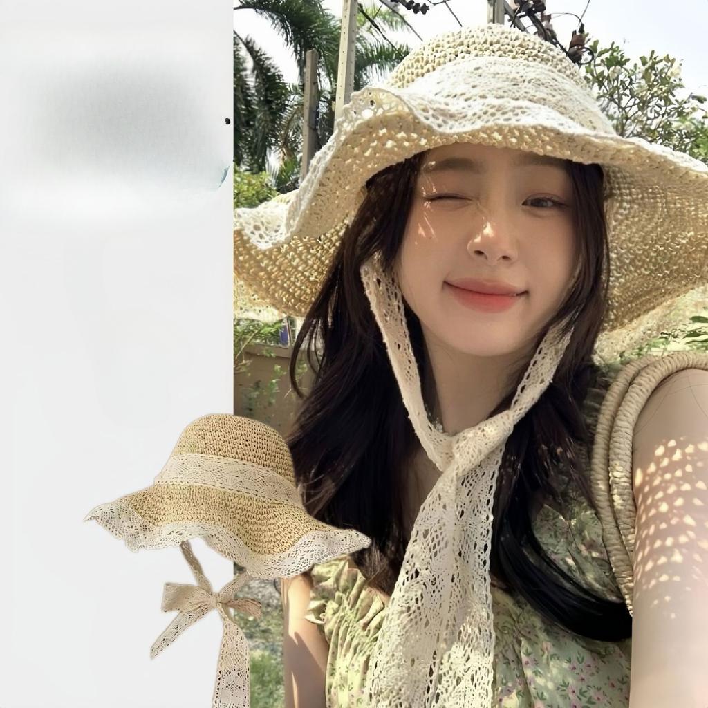 Women's Summer Seaside Extra Large Brim Sun Protection Straw Hat Breathable Woven Face-Covering Lace Trim Beach Hat Sun Hat