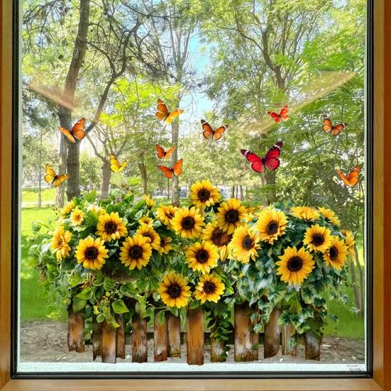 Flower Butterfly Window Cling PVC Spring Floral Window Decals Anti Collision Removable Stickers for Home Party Shop Glass Door Window Decoration