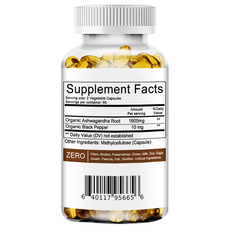 High-Concentration Ashwagandha Capsules with Organic Black Pepper, 1600mg, Suitable for Men and Women