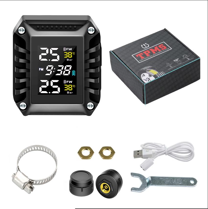 

Мотоциклетная система TPMS для контроля давления в шинах и температуры шин с 2 внешними датчиками, быстрая зарядка через USB Type C