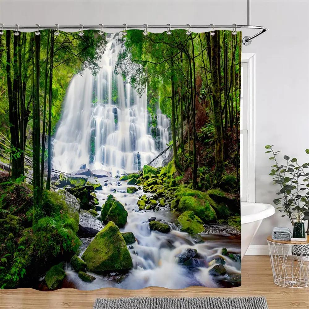 Sonnenschein Grün Wald Braun Fenster Duschvorhänge Bäume Pflanzen Natur Landschaft Polyester Badezimmer Vorhang Set Dekor Mit Haken