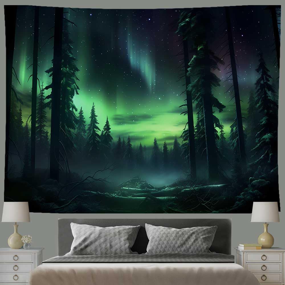 Nordlicht Wald Wandteppich 80x60 Zoll Aurora Borealis Nebelkiefern Trippy Wandteppich Ästhetische Wandkunst Meditationsdeko