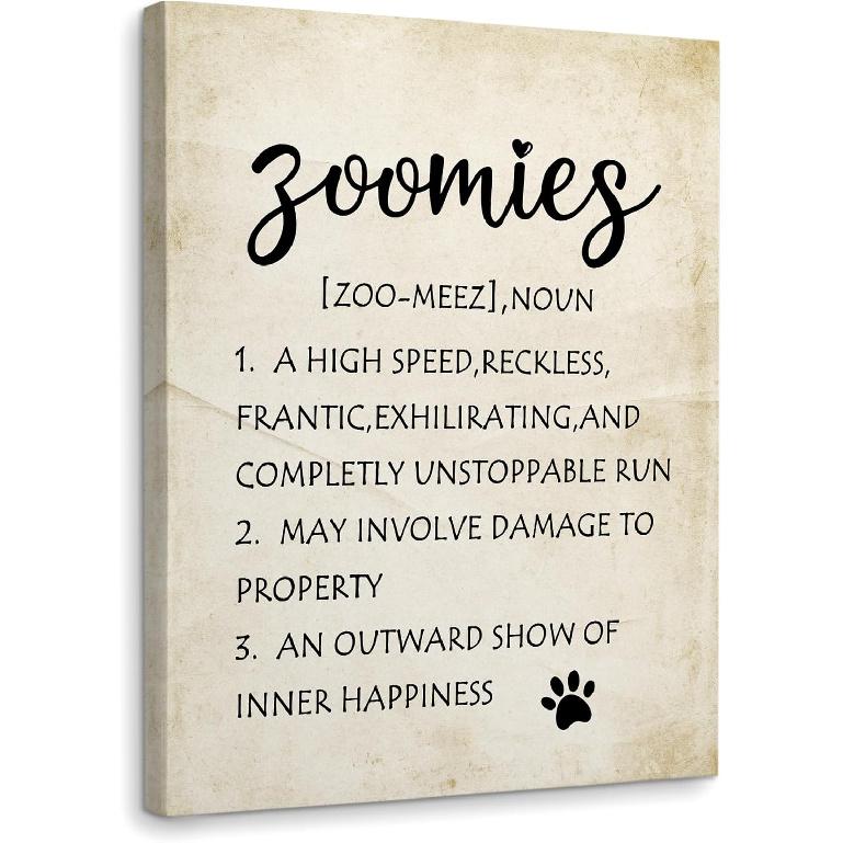 WODMIS Dog Wall Decor, Zoomies Dog Definition Framed Canvas Wall Art, Gift for Dog Lover Mom Onwer, Pet Puppy Paw Canvas Wall Art Home Decorations 14 L x 11 W