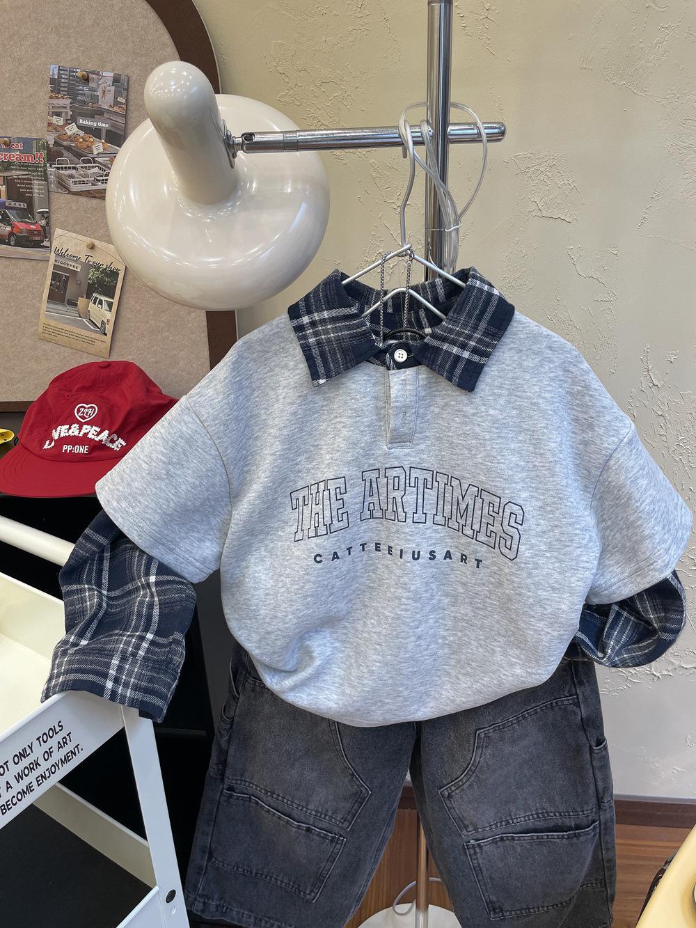 

Plaid Turn-Down Collar Faux Two-Piece Sweatshirt - 2025 Spring/Autumn Trendy Korean Style for Boys 120cm світло-сірий колір