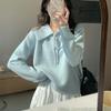 Gentle Style Milk-Toned Soft Pullover with Lapel and Lace-Up Design for Women