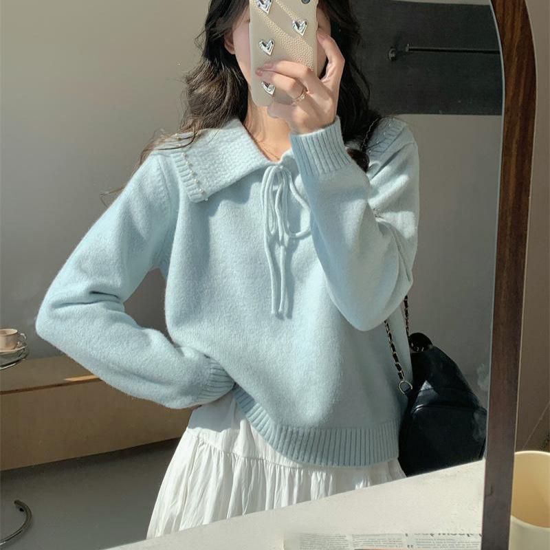 Gentle Style Milk-Toned Soft Pullover with Lapel and Lace-Up Design for Women