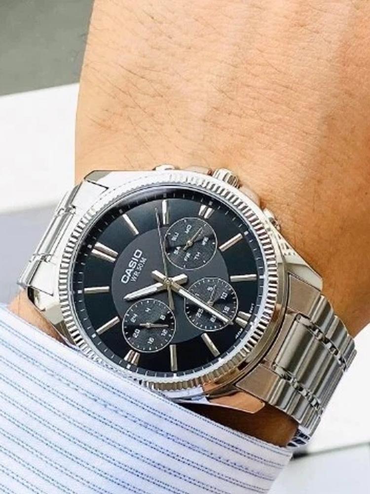 Casio - Three-hand stainless steel strap, black dial men's quartz watch MTP-1375D-1A