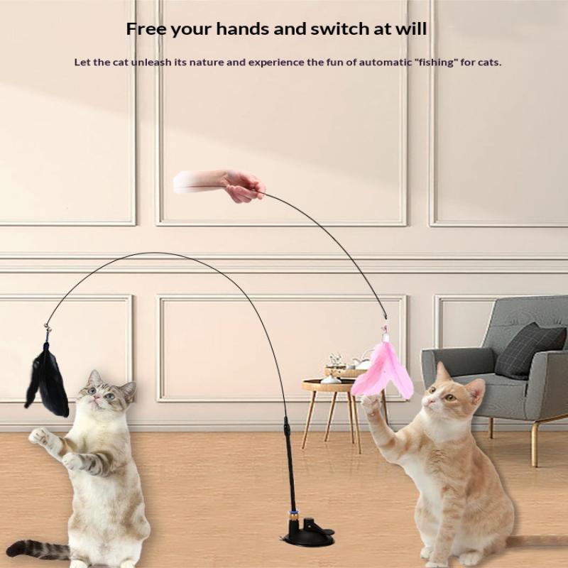 Interactive Cat Feather Wand Toy Suction Cup Hands-Free Cat Teaser Toy With Replaceable Feathers For Kitten Play