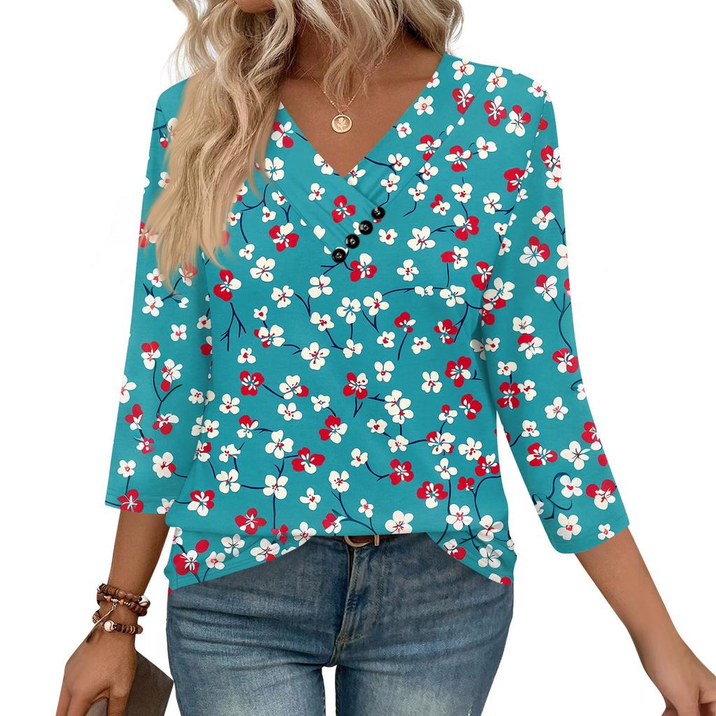 Women's Print Top Button-down V-neck T-shirt 3/4 Sleeve Loose Fashion Top