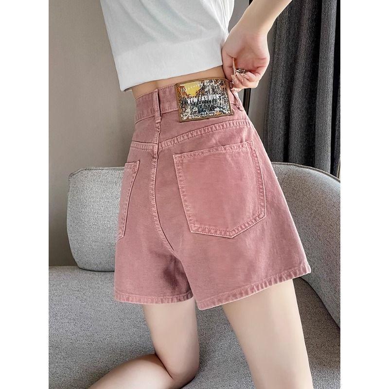 

Summer 2026 Retro Loose A-Line High-Waisted Pink Denim Shorts for Women XS (suggested for 75-84 jin) рожевий