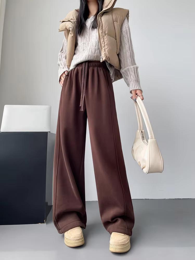 

Женские осенне-зимние однотонные бархатные утолщенные широкие брюки с высокой талией, повседневные брюки свободного покроя с прямыми штанинами XL кофейный