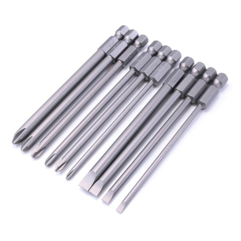 Pack Of 10 Precise Screwdriver Bit Set 100mm Length SL3.0/SL4.0/SL5.0/SL6.0 PH1/PH2 Suitable for Slotted & Crosshead Use