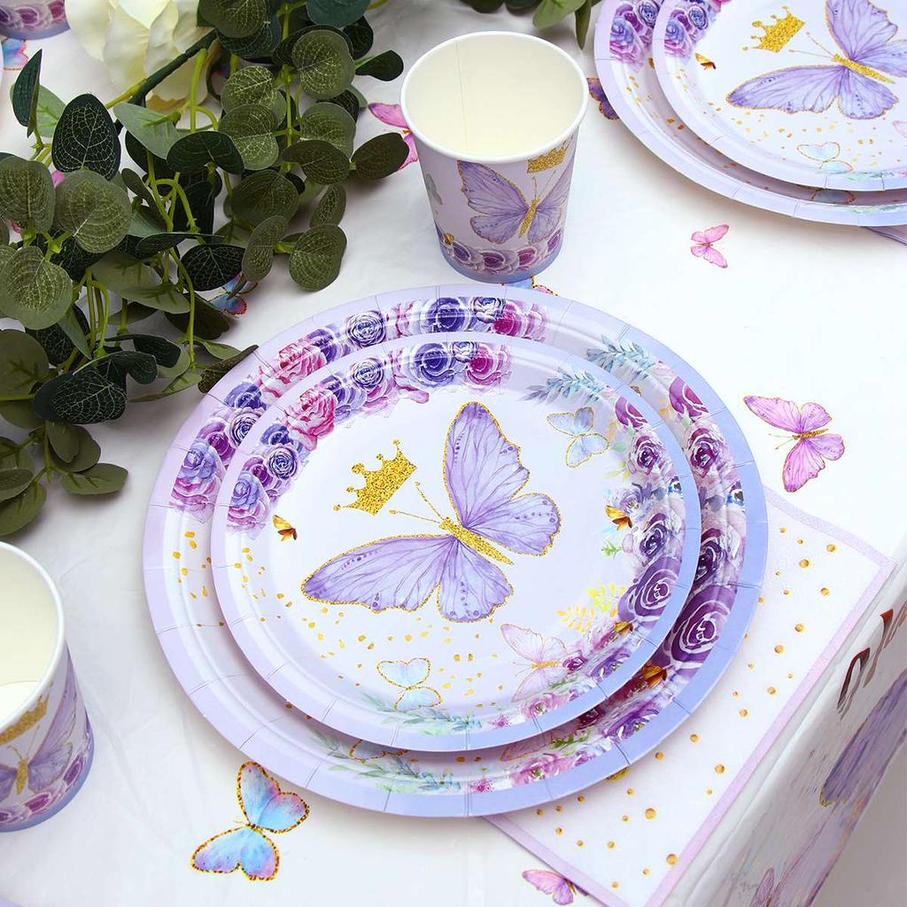 Butterfly Disposable Tableware Plate Cup Napkin Sets Baby Shower One Year Old 1st 2nd Birthday Girl Party Decoration Butterfly