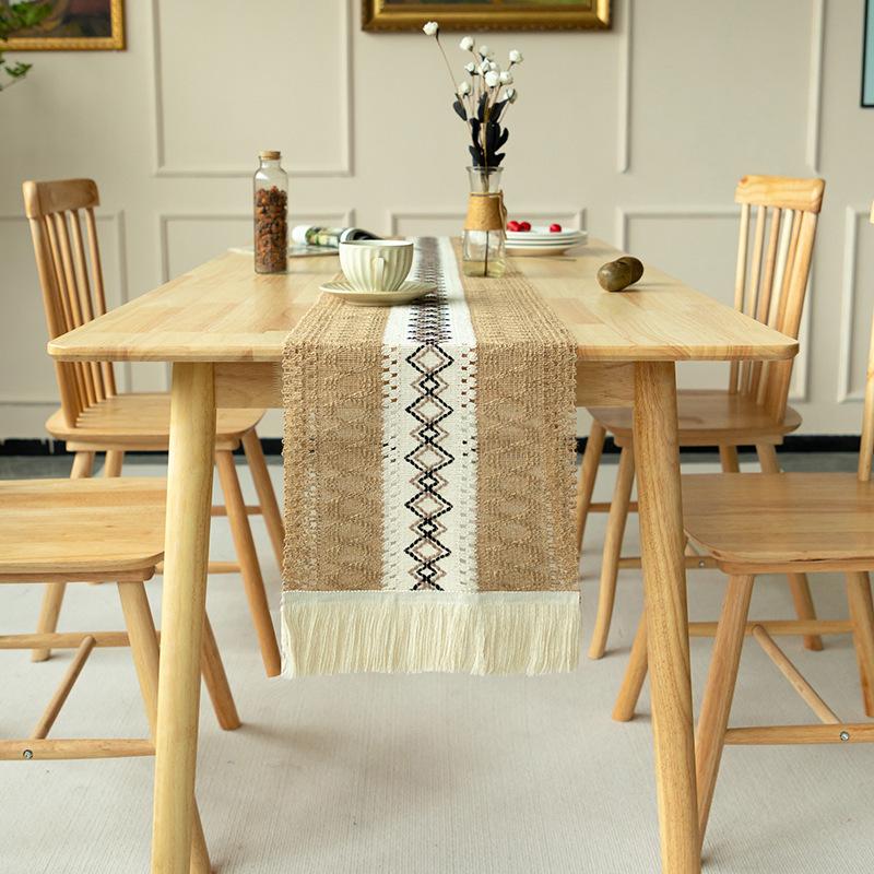 Tischfahne aus Baumwolle und Leinen zum Spleißen, zweifarbige gewebte Tischdecke mit Quaste, natürliches Material, Dekoration für den Homestay, pastorale Dekoration