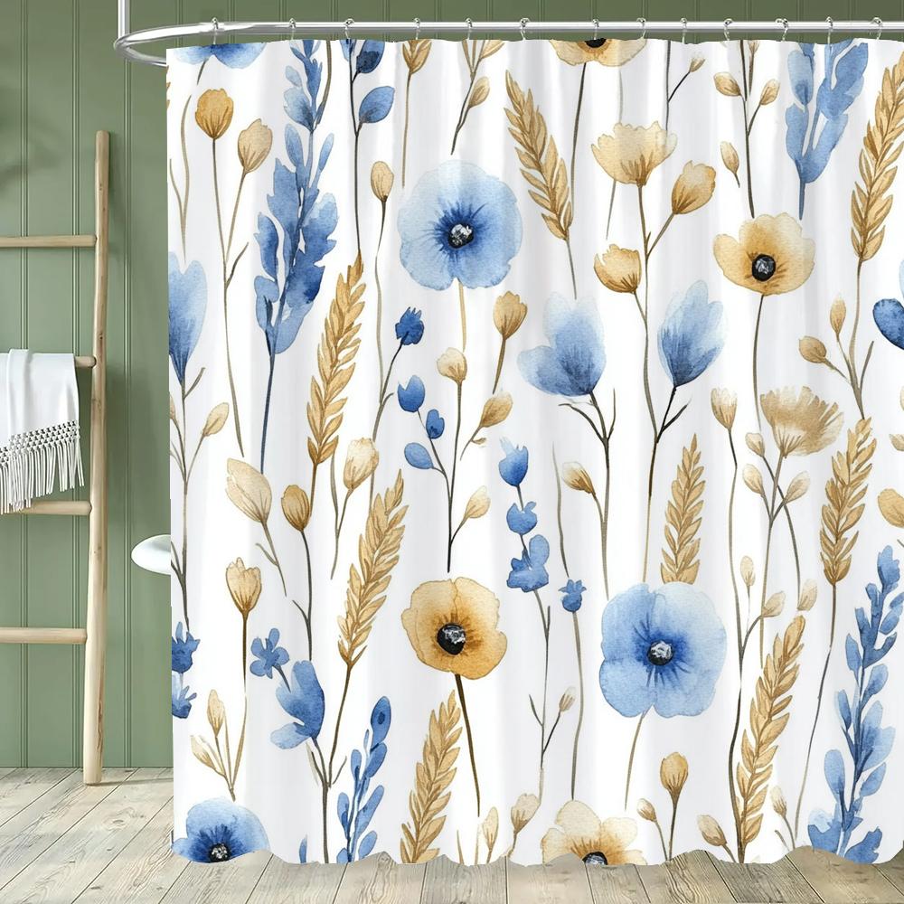 Blue Flowers and Butterflies Shower Curtain Bath Curtain Printed Polyester Floral Bathroom Curtains for Home Decoration Curtain
