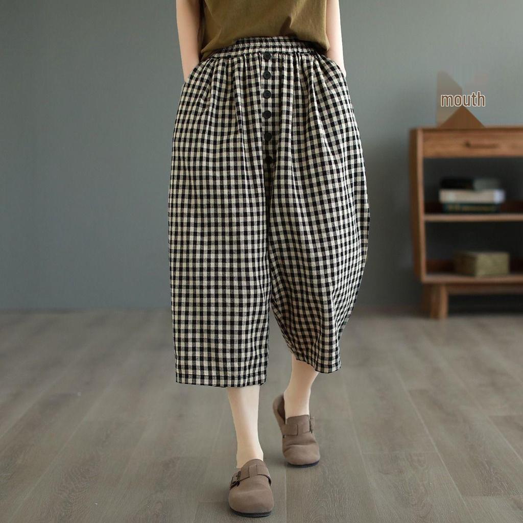 Women's Retro Plaid High-Waisted Wide-Leg Cropped Pants - Summer Lightweight Style