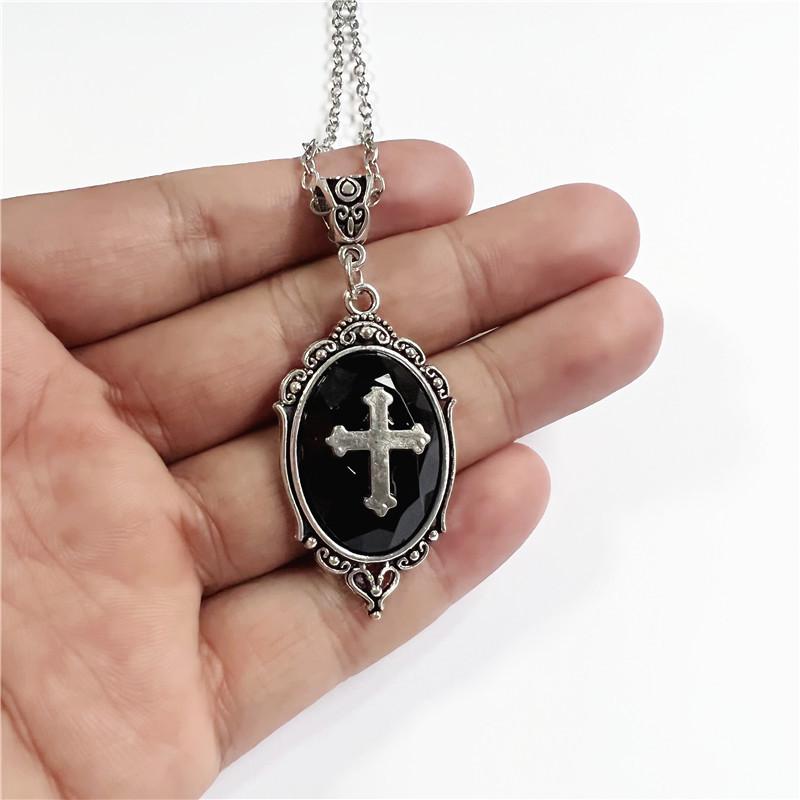 Gothic Vampire Cross Cameo Crystal Pendant Necklace