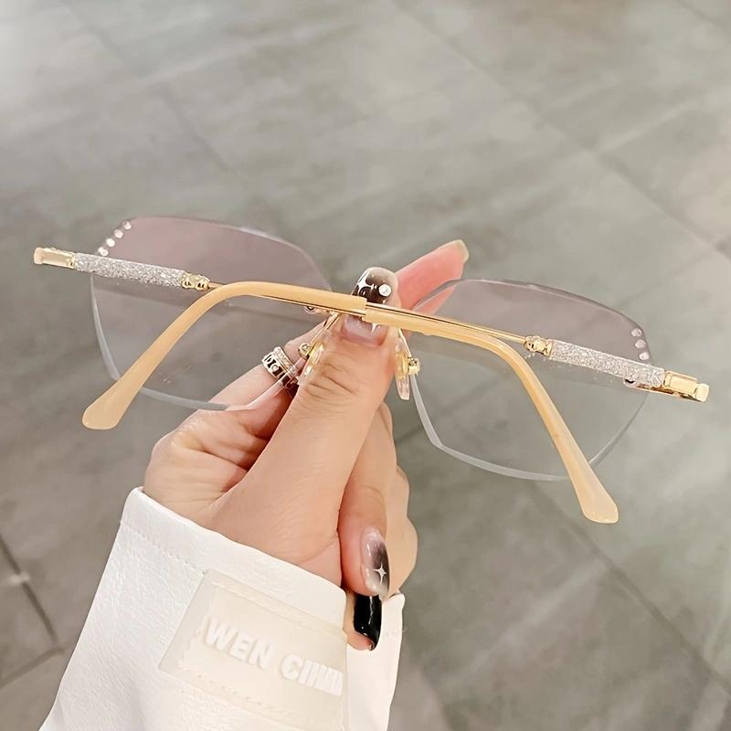 Elegant Rimless Hexagonal Reading Glasses, Blue Light Blocking, Polycarbonate Lens, Rhinestone Embellished, with Metal Hinge