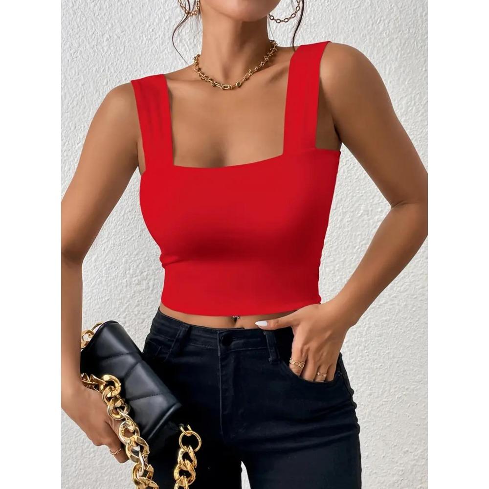 Čtvercový výstřih Tílko Široká ramínka Crop Tops Ženy Léto Košilka Jednobarevná Košilka Módní tubus Dámská zkrácená vesta bez rukávů Y2K Oblečení