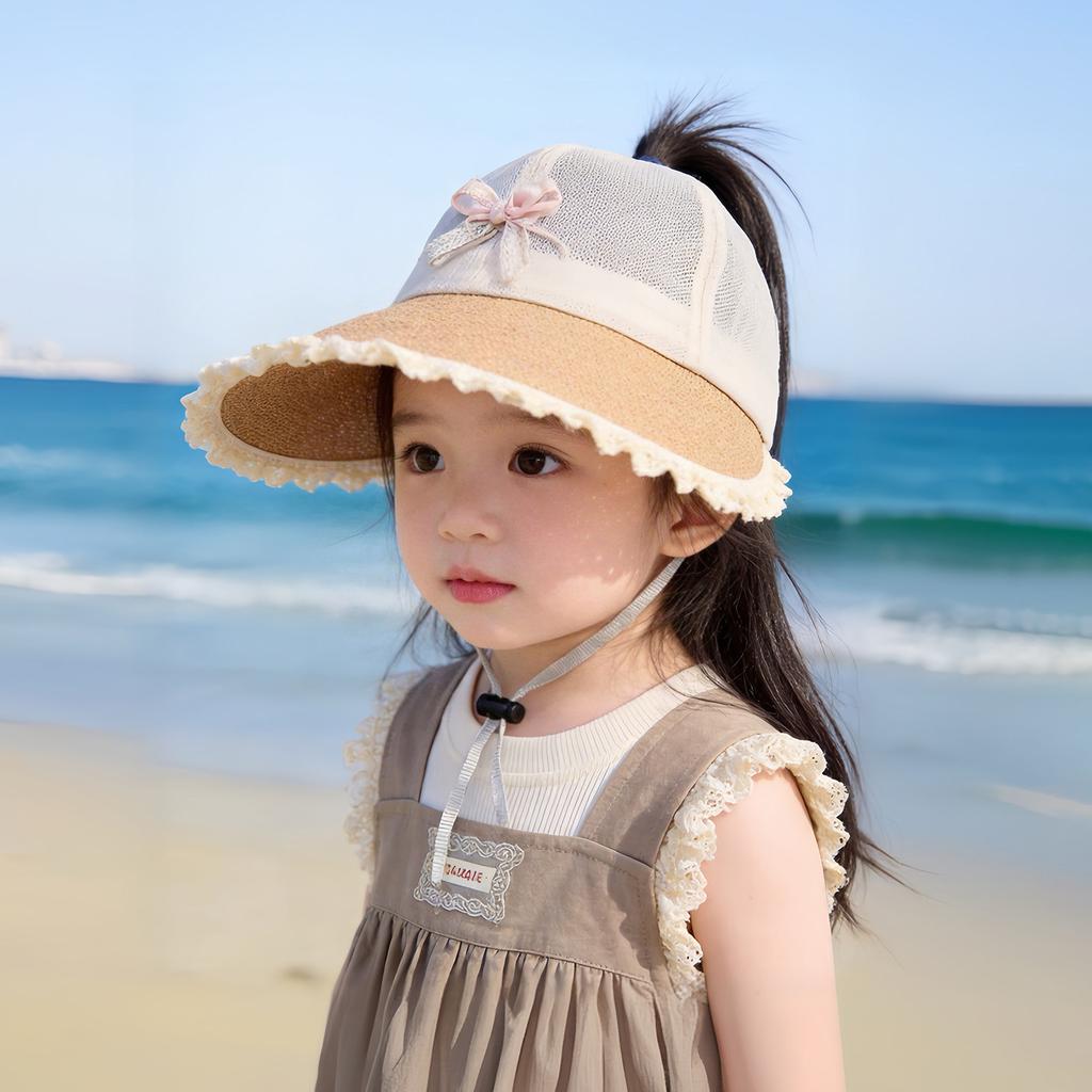 Girls Summer Straw Visor Hat With Ponytail Hole Large Brim Thin Sun Protection Cap For Kids Baby Outdoor Shade