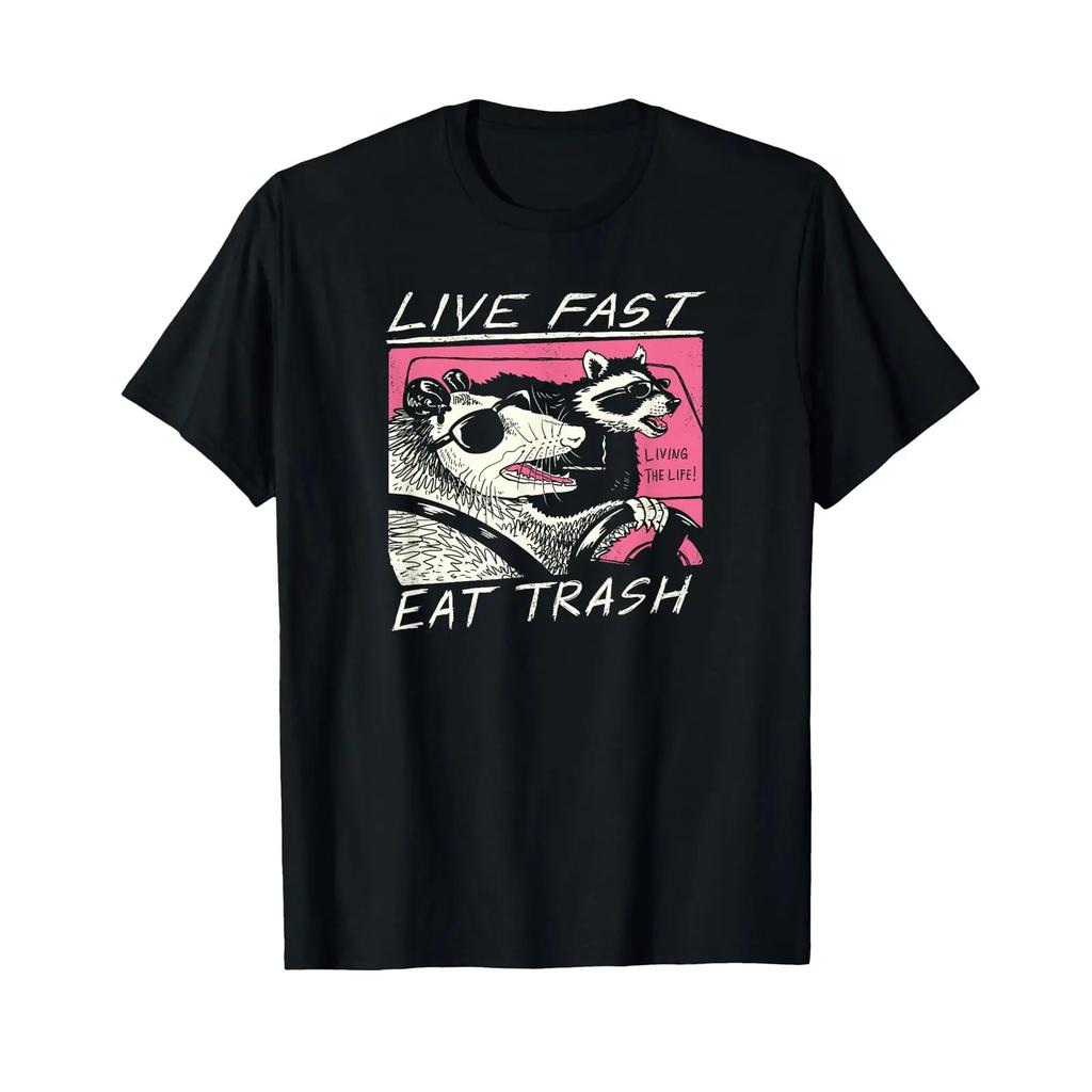 Live Fast Eat Trash Funny Raccoon Opossum Retro T Shirt Vintage Meme Animal Casual Vintage Top For Everyday Wear Homme