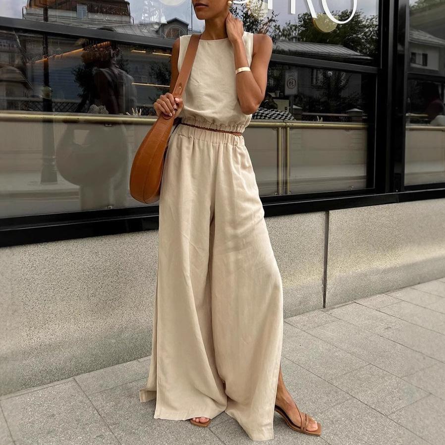 Hot Sale Cotton Linen Solid Color Set Spring Summer Casual Women's Vest Split Long Pants Two-Piece Set