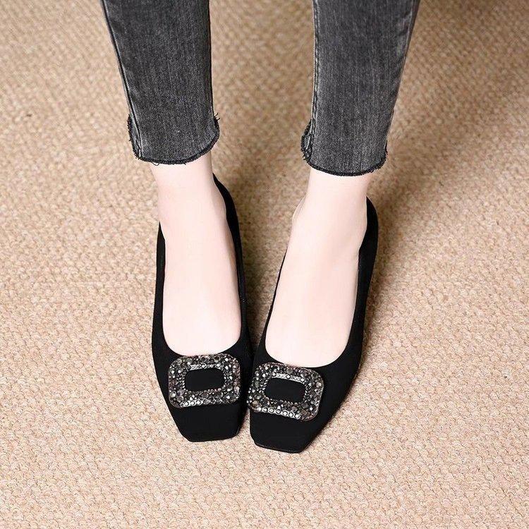 Square head shallow mouth single shoes new autumn French thick heel rhinestone square buckle not tired feet black high heels