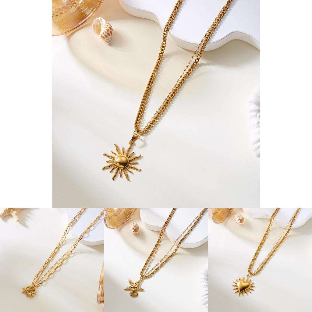 Beach Style Double Layer Stainless Steel Necklace With Starfish Shell And Heart Pendant For Women And Men
