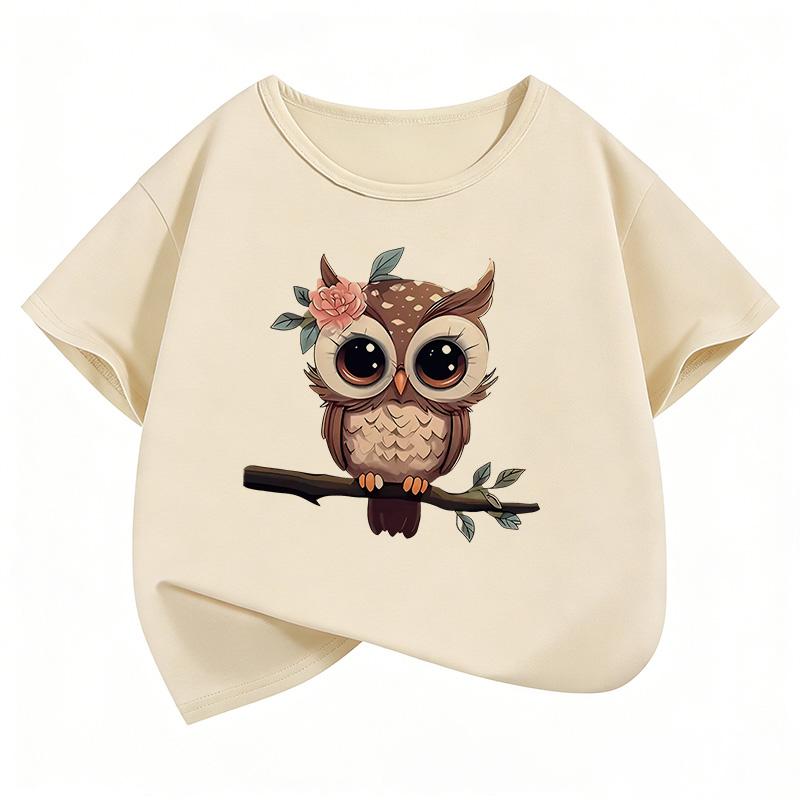 Jarní dětský a dospívající top s krátkým rukávem, potiskem kreslené sovy, pohodlný, ležérní