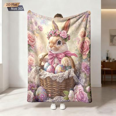 1pc Easter Cute Rabbit Easter Egg Print 230 Flannel Blanket Casual Comfortable Cover Carpet Multiple Sizes Machine Washable
