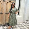 Casual Women's Lace Up Dress Single-Breasted Turn-Down Collar Short Sleeve Lady Dresses Loose Female Robe