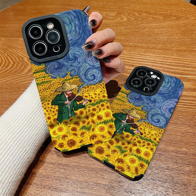 Vertical Leather Shell Sunflowers Painting Printed Patterned Shockproof Soft Silicone Case with Camera Lens Full Protection for IPhone Samsung
