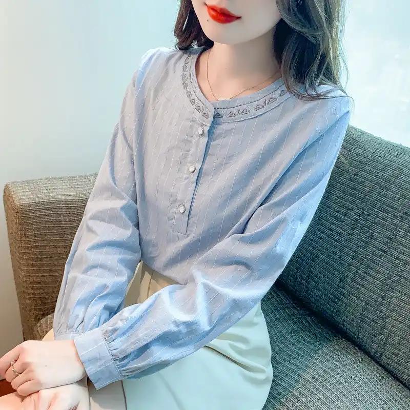 Women s Light Blue Striped Blouse Stand Collar Embroidered Long Puff Sleeve Casual Top S