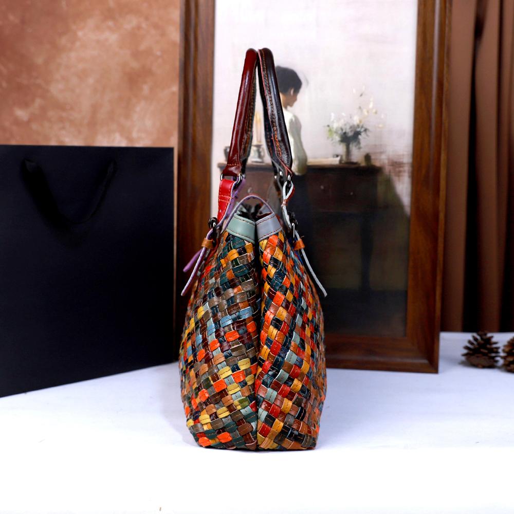 Fashion Handcrafted Leather Basket Weave Handbag Large Capacity Single Shoulder Slant Cross Bag Simple Retro Style