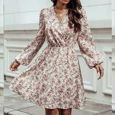 Casual Elastic Loose Waist Floral Short Dress Autumn V-neck A-line Sexy Dress Fashion Flower Printed Long Sleeve Dresses 29773