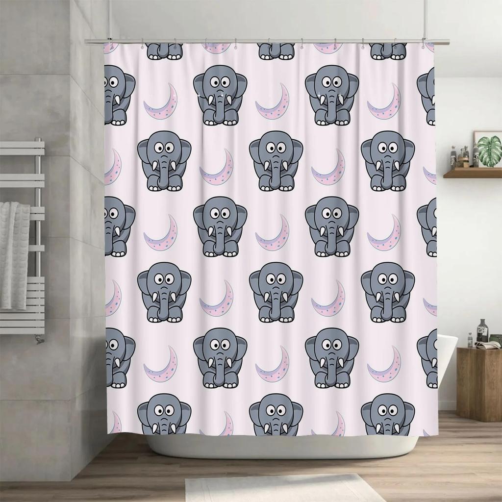 Elephant Moon Shape Shower Curtain Pink Elephant Print Home Bathroom Decor Waterproof Fabric Shower Curtains For Kids Bathtub