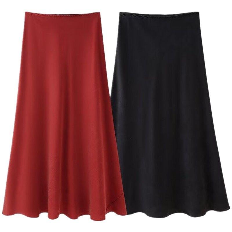 Fashion Style 2024 Fall and Winter New Women's Silk Satin Texture Blended Mid-Waist Midi Skirt Skirt 2548240