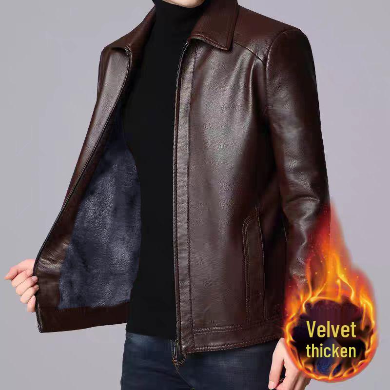 Men's Leather Jacket for Mid-Aged & Elderly: Fleece-Lined, Thickened, Windproof, Detachable Fur Collar, Winter Warmth for Dad.