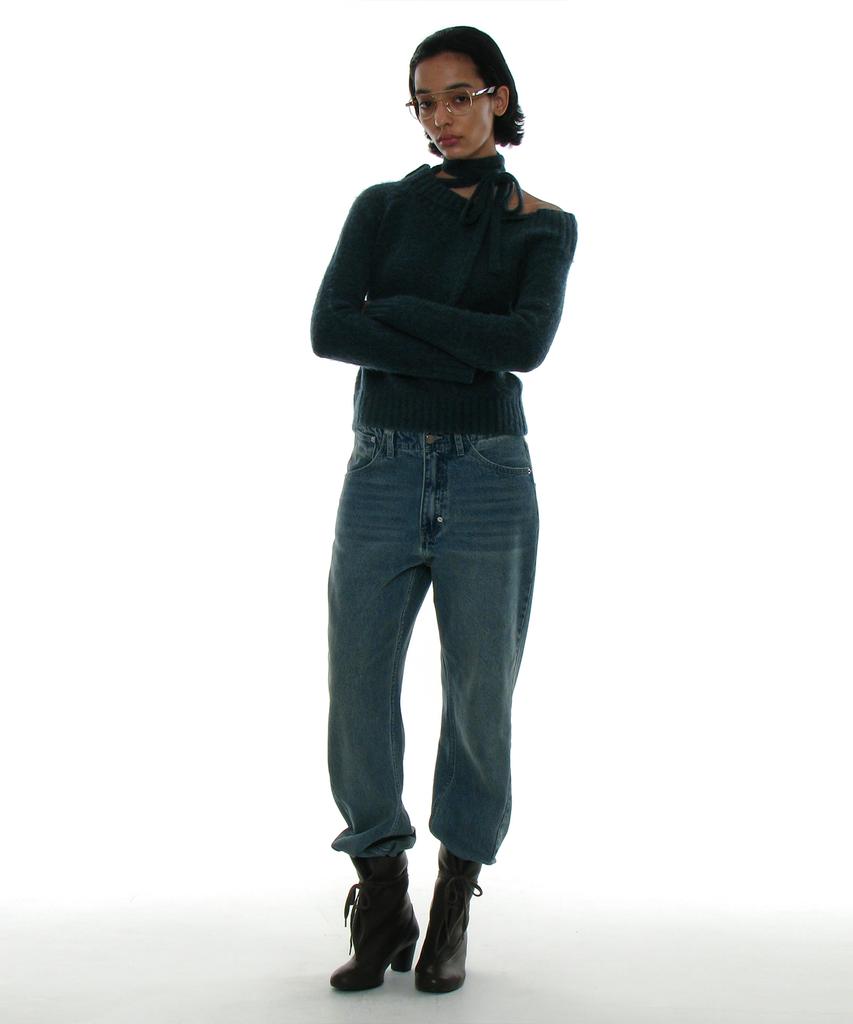 PARTIMENTO WOMEN Tie Neck Strap Asymmetrical Knit Top_Dark Teal