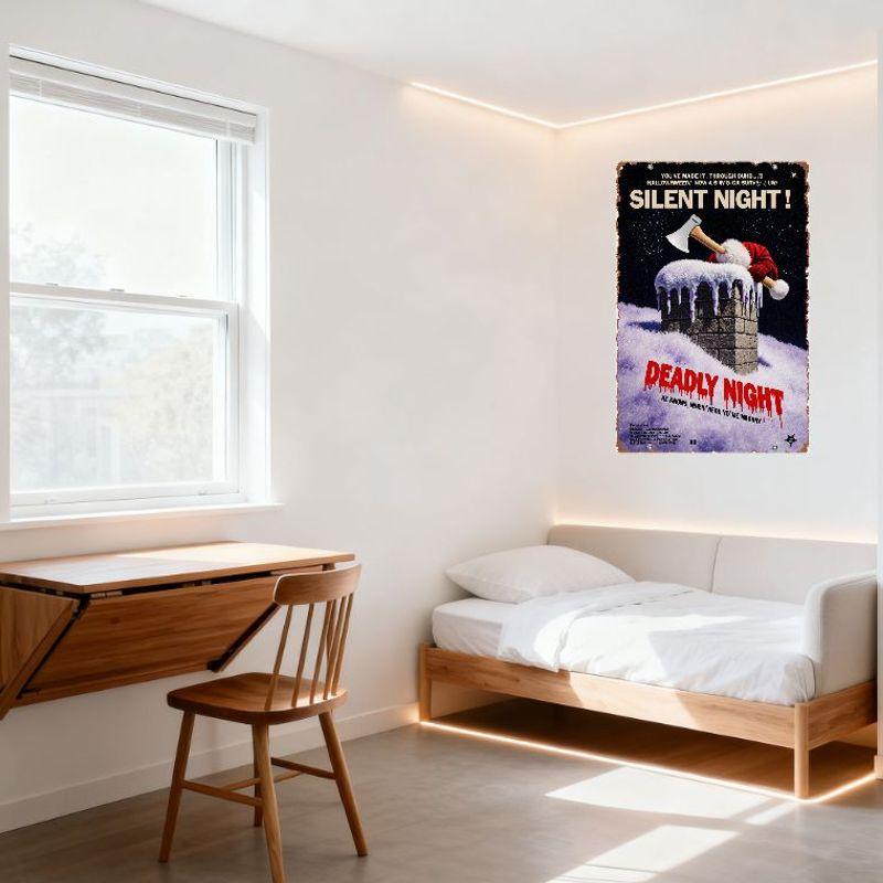 Vintage 'Deadly Night' Horror Movie Metal Tin Sign - Santa with Axe, Snowy Chimney, Festive Horror Decor for Home, Bar, Man Cave